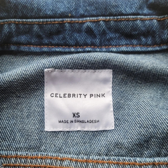 Celebrity Pink Jacket Womens Rose Gold Button Blue Denim Distressed XS - Picture 2 of 11